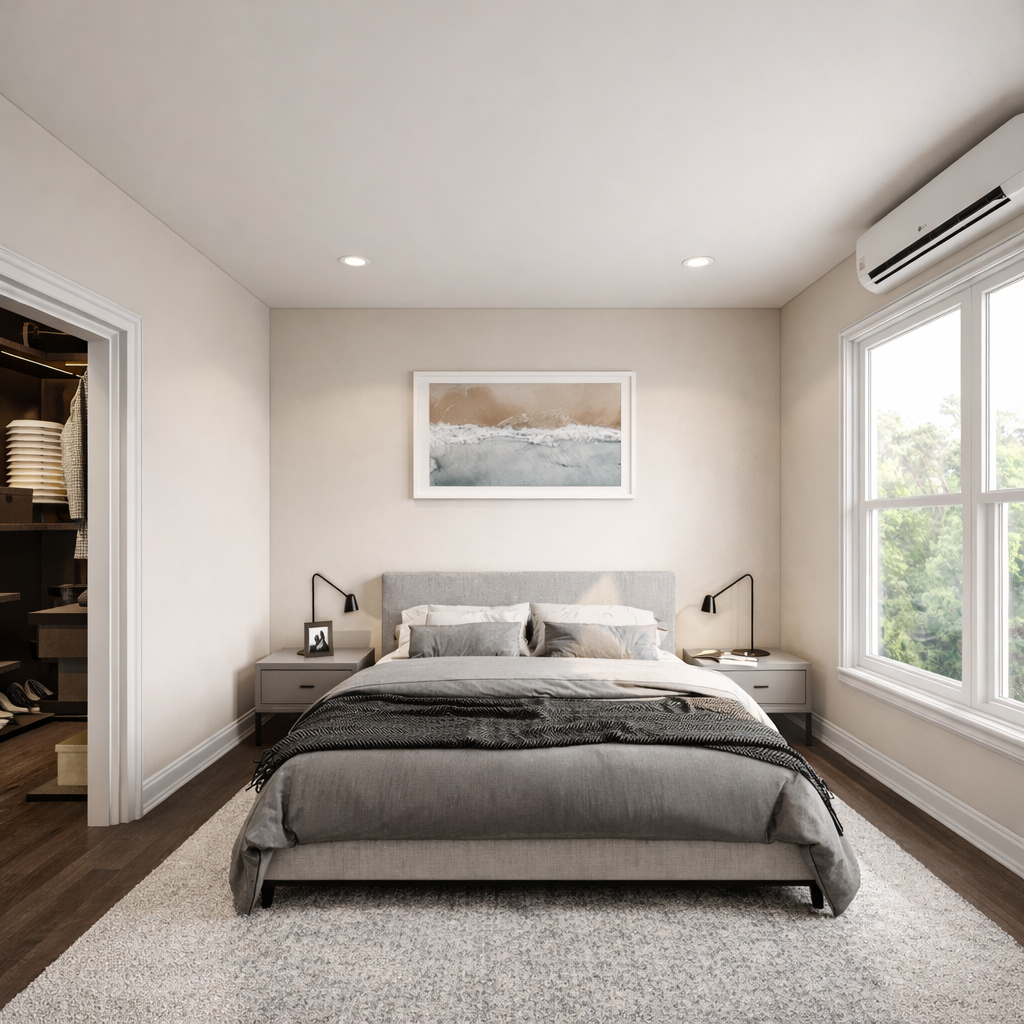 Multifamily residence bedroom interior rendering