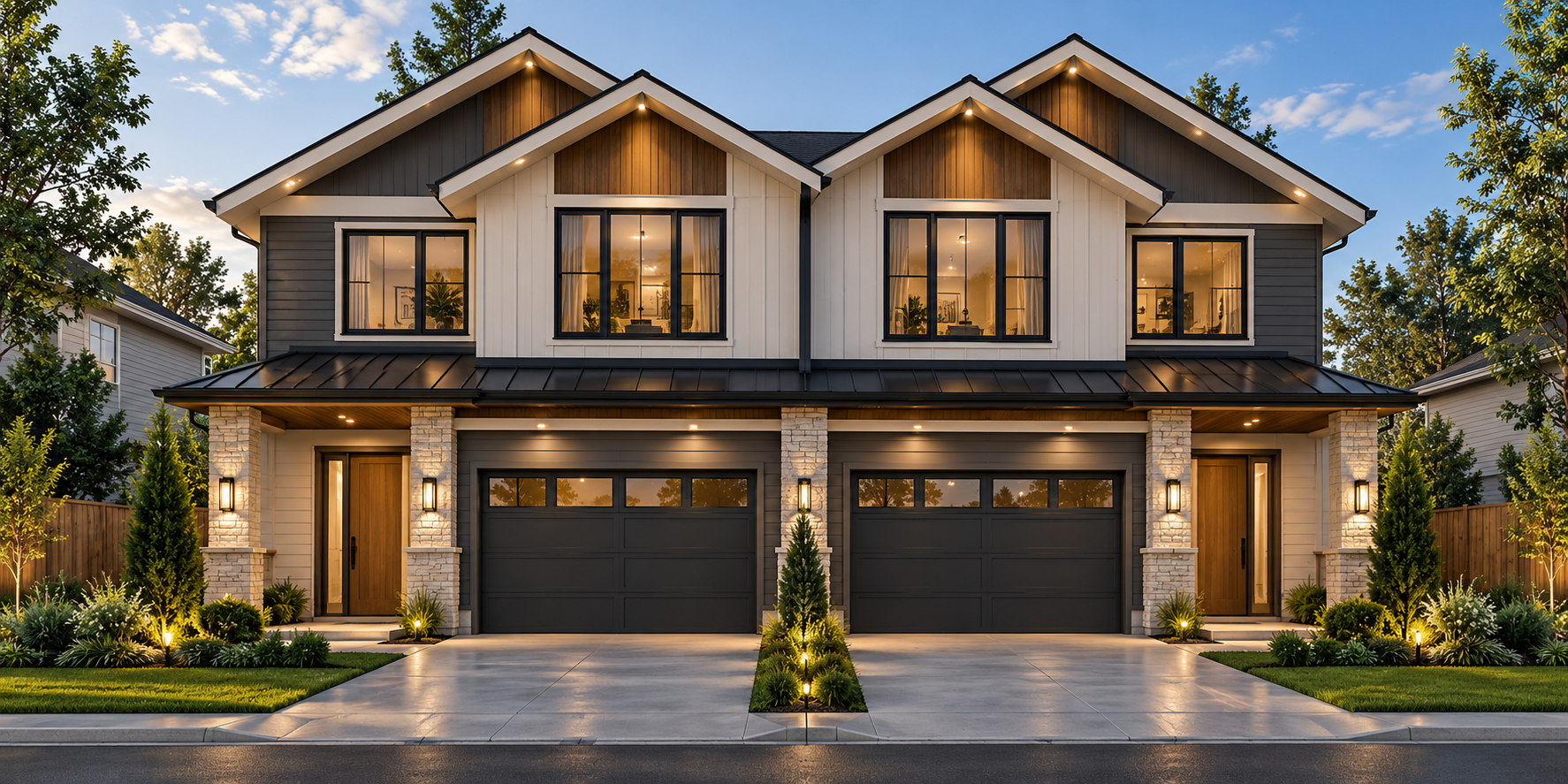 Rendering of a modern two-unit duplex home with stone accents and a covered porch at dusk