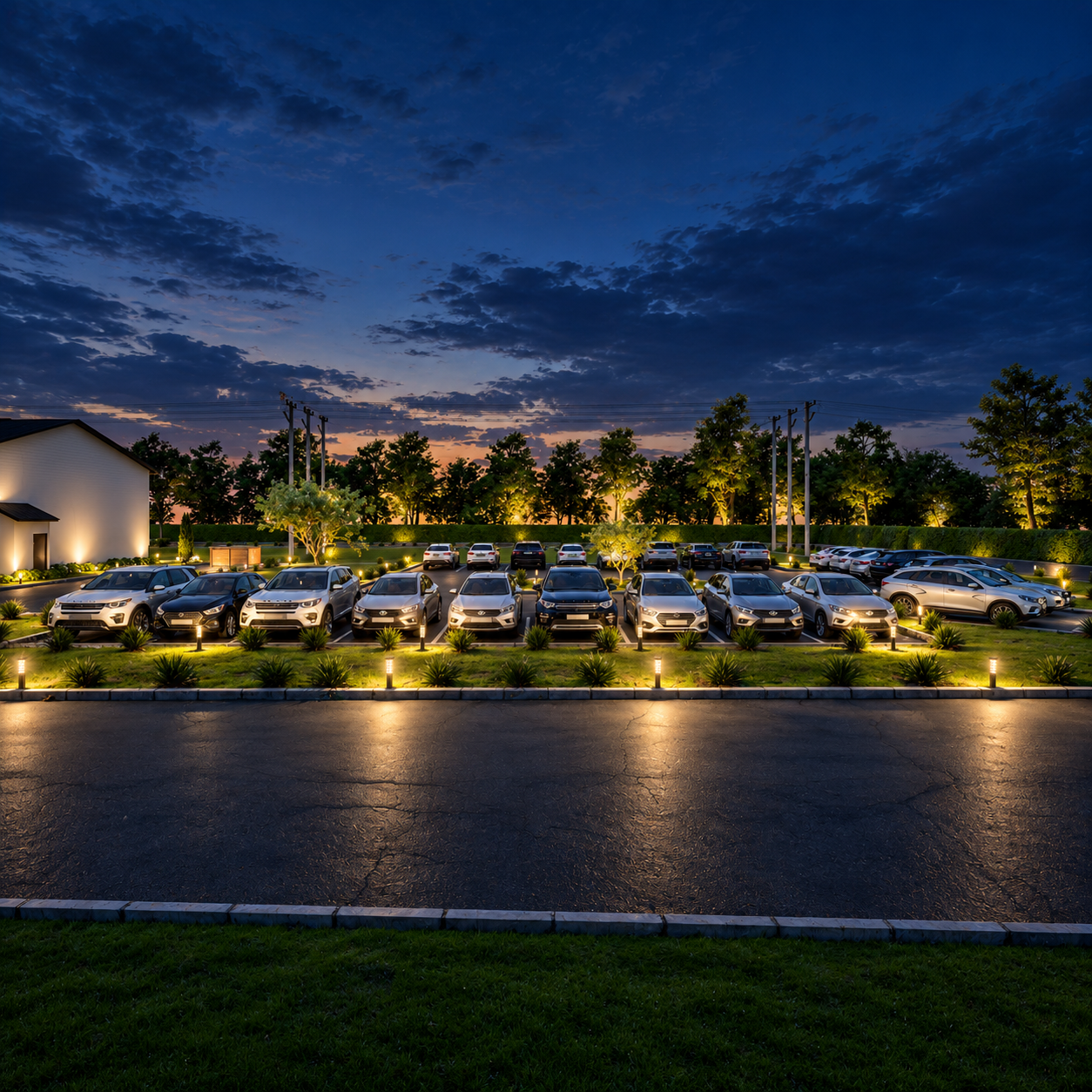 Illuminated parking area rendering of Apartments At Ware County at night