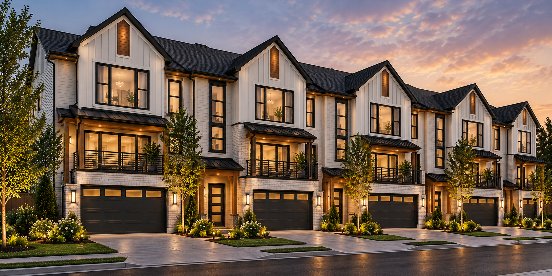 Rendering of a row of modern townhouses at dusk