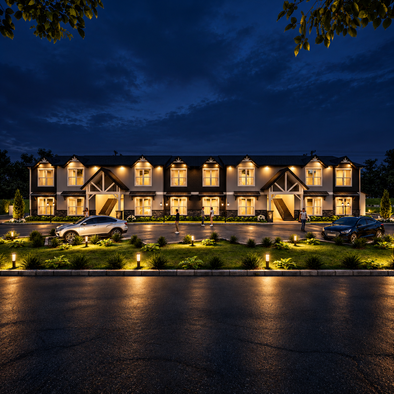 Illuminated front elevation rendering of Apartments At Ware County at night