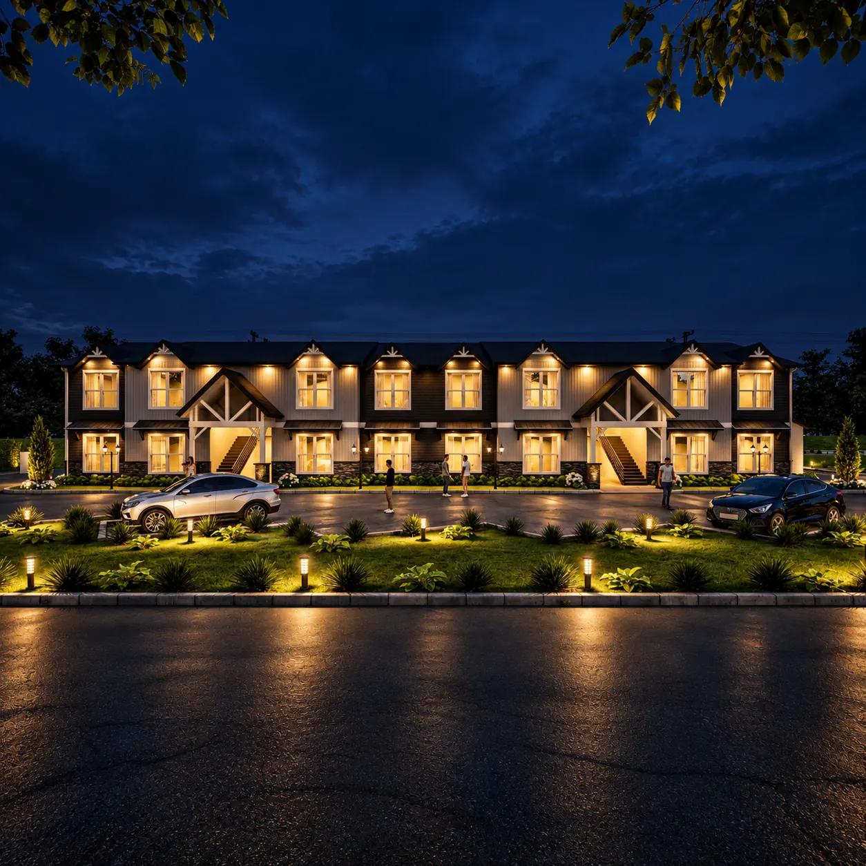 Illuminated front elevation rendering of Highland Heights at night
