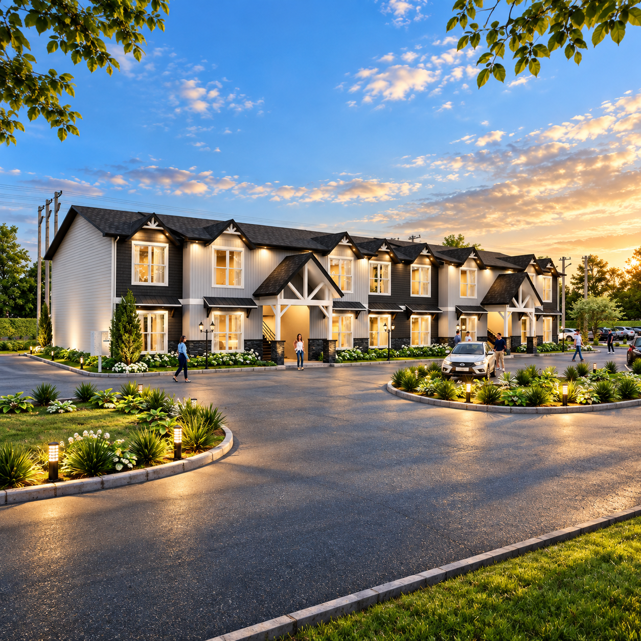 Entry and landscaped drive rendering of Apartments At Ware County