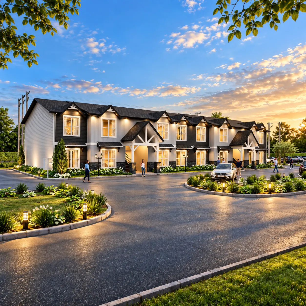 Entry and landscaped drive rendering of Highland Heights