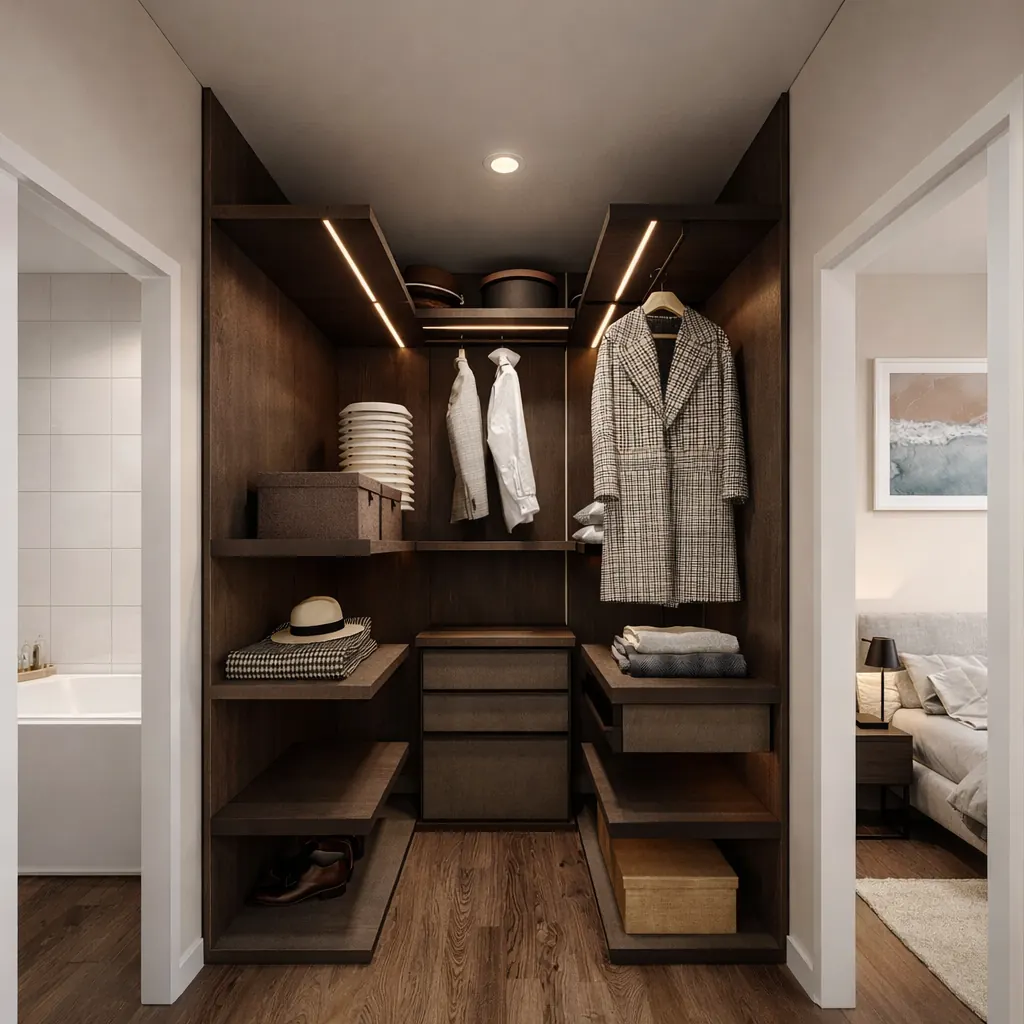 Walk-through wardrobe interior rendering