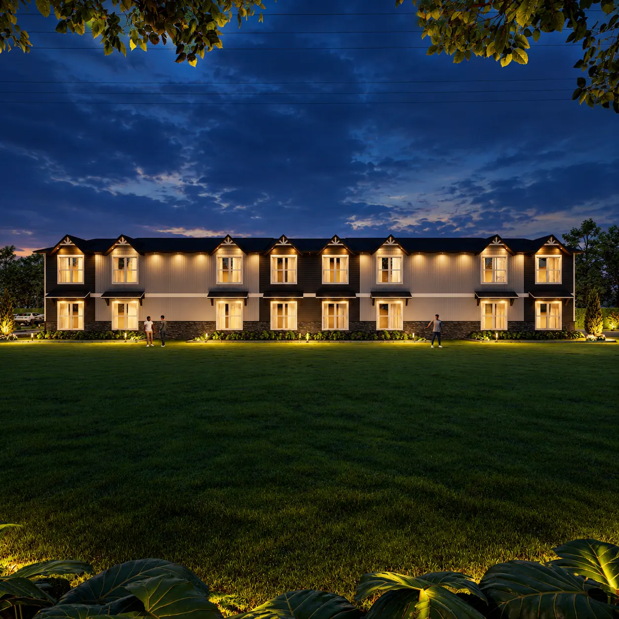 Illuminated rear elevation rendering of Highland Heights at night
