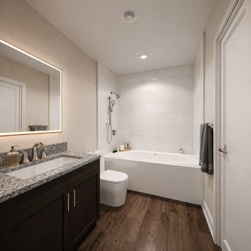 Multifamily residence bathroom interior rendering