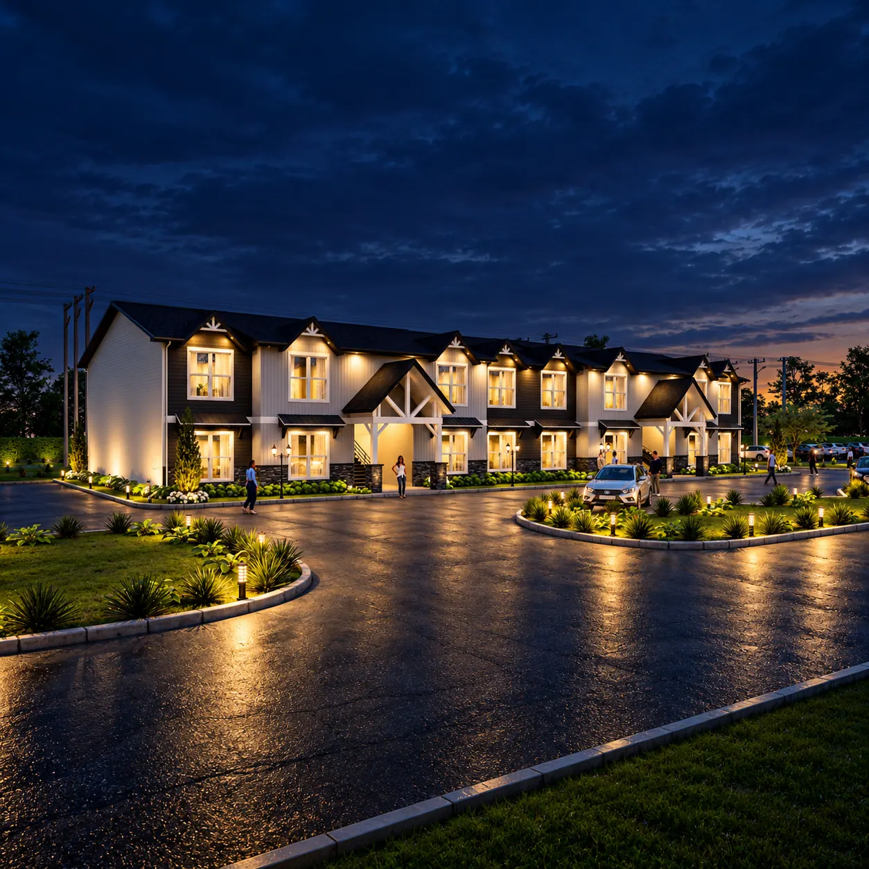 Illuminated drive and building rendering of Highland Heights at night