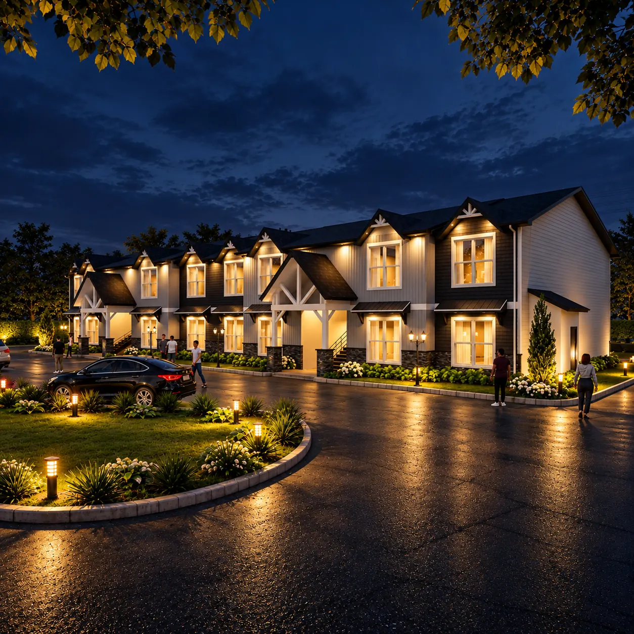 Illuminated entry drive rendering of Highland Heights at night