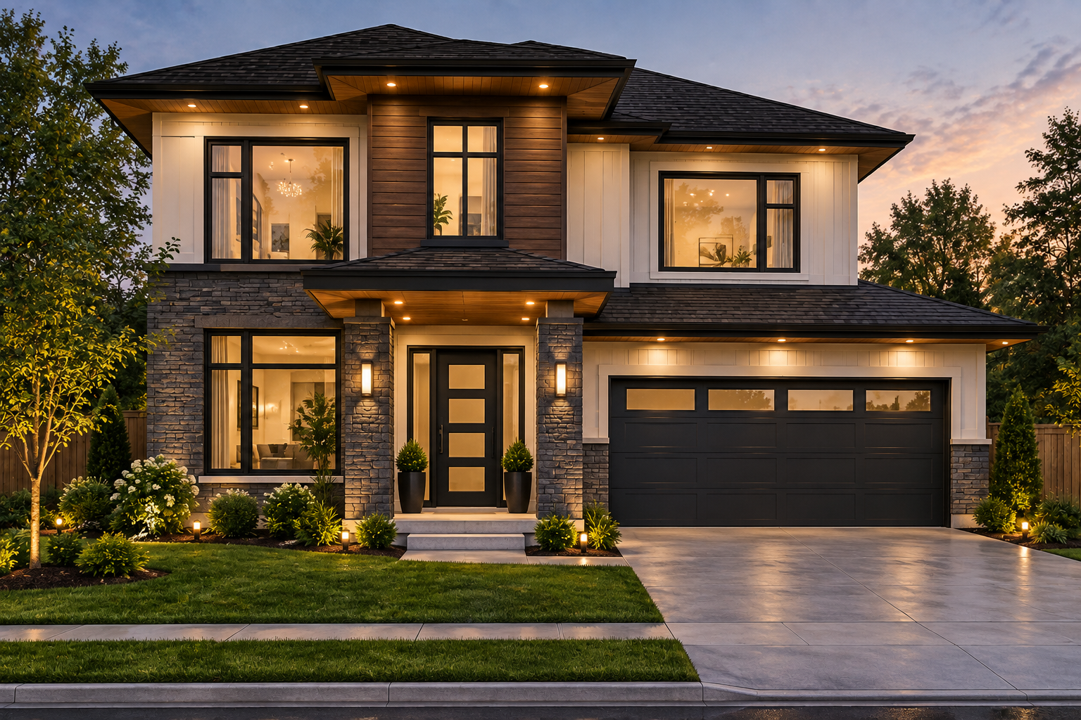 Rendering of a two-storey single family home with stone and dark wood accents at dusk