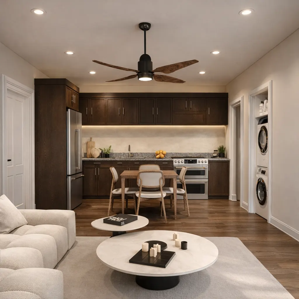 Open-plan kitchen and living area interior rendering