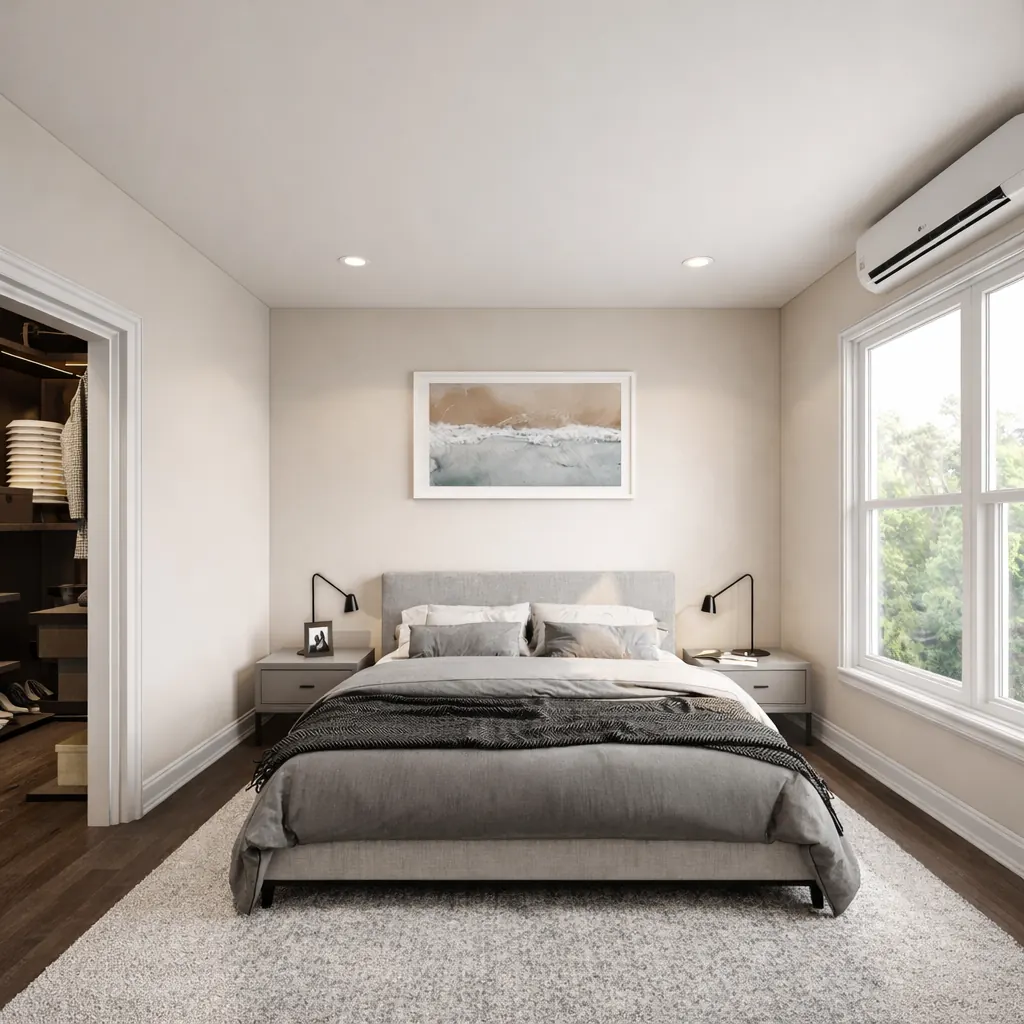 Multifamily residence bedroom interior rendering