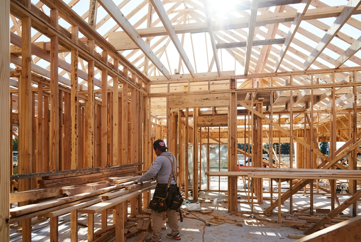 Timber framing underway at a residential construction site